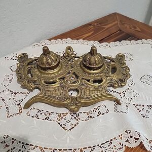 Vtg Antique Double Sided Inkwell Art Nouveau Beautiful Ornate Japan Patina MCM